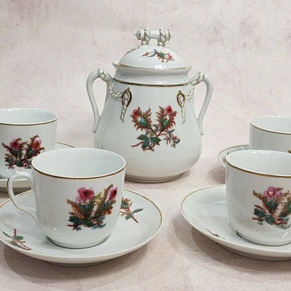 1800s HAVILAND & Co LIMOGES Moss Rose Lg. Sugar & lid 4 tea Cups Rope & Anchor - Picture 3 of 16